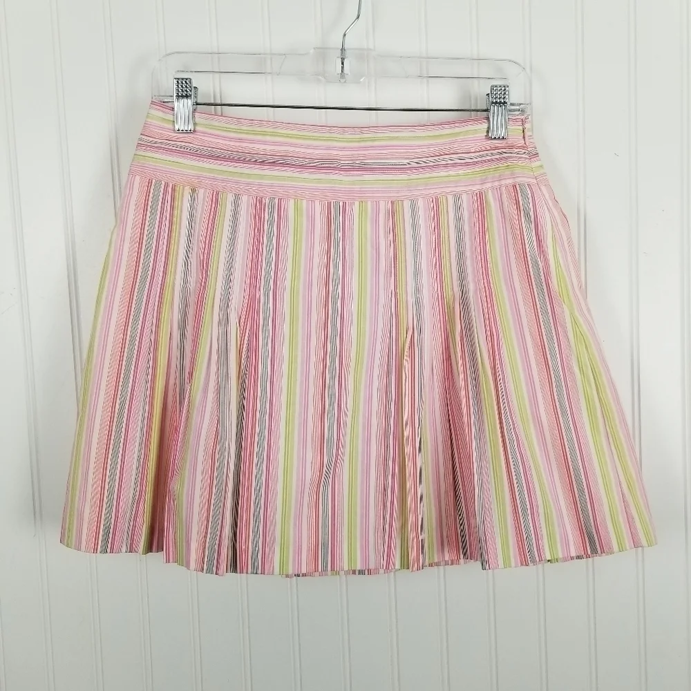 J Crew Pleated Skirt Multicolor Stripes Pink Green White Cotton Coquette Preppy
